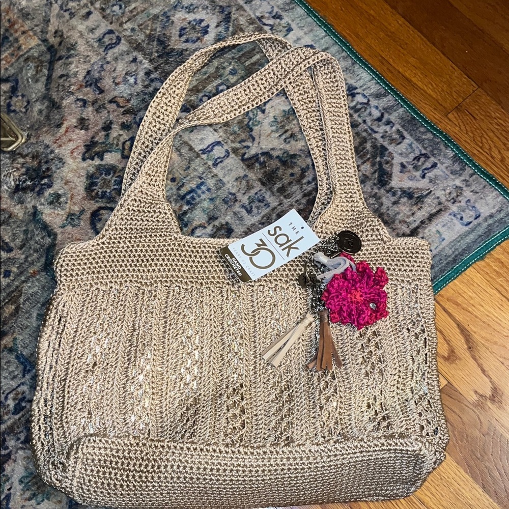 The Sak Beige Crochet Shoulder Bag with Pink Flower